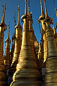 Inle Lake Myanmar. Indein, on the summit of a hill the  Shwe Inn Thein Paya a cluster of hundreds of ancient stupas. Many of them are ruined and overgrown with bushes.